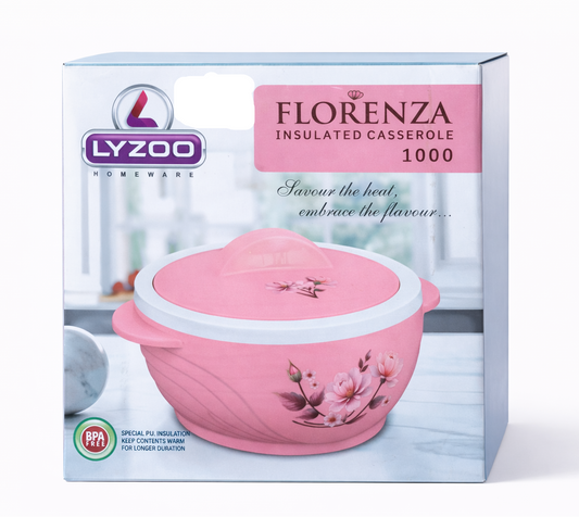 Lyzo Florenza Insulated Casserole 1 Litre, BPA-Free Hot Case with Stainless Steel Inner, PU Insulation, Keeps Food Hot & Fresh, Durable Serving Bowl with Lid & Handle