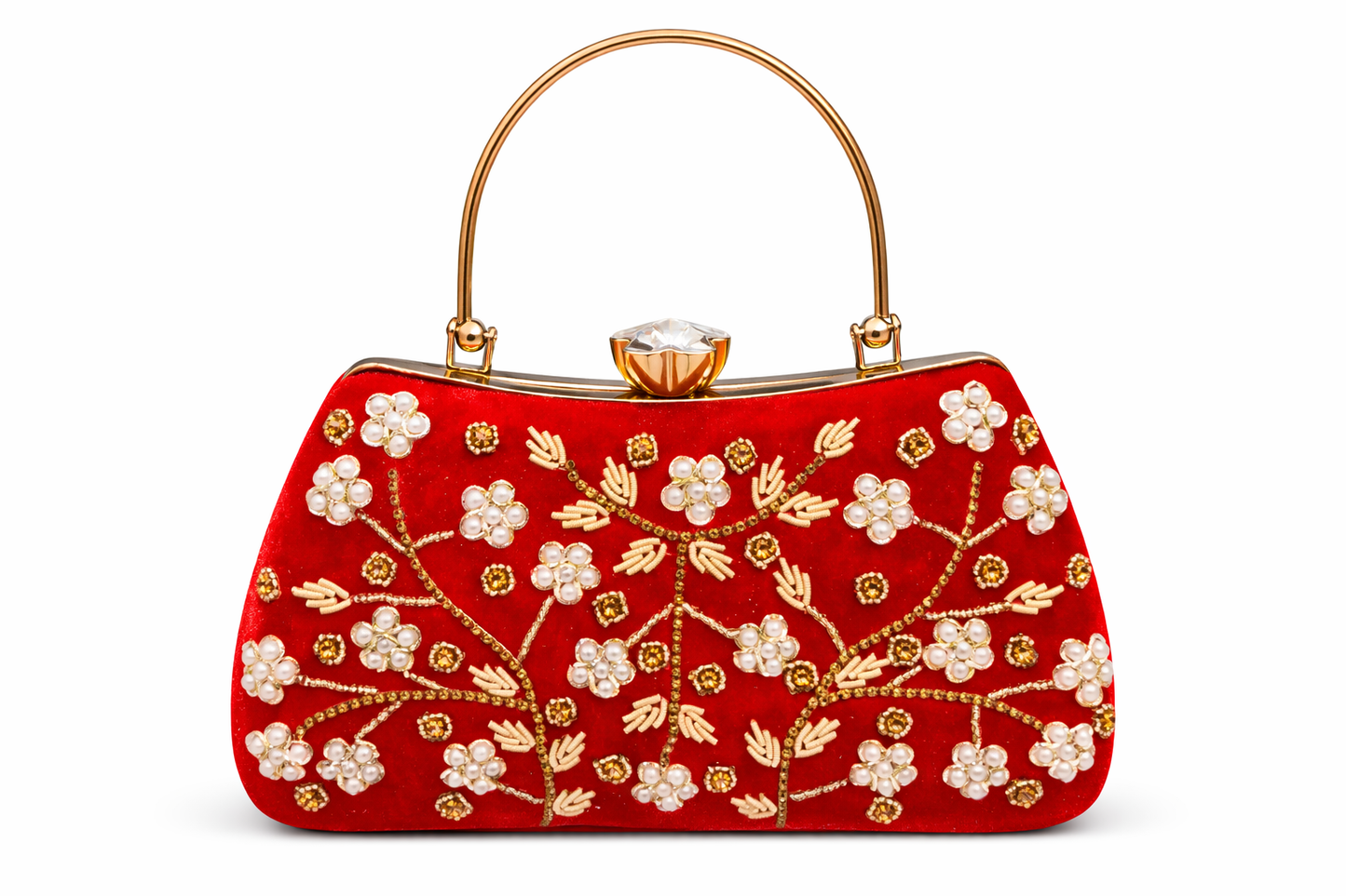Red Velvet Evening Handbag for Women | Luxury Embroidered Clutch with Pearl & Crystal Design |
