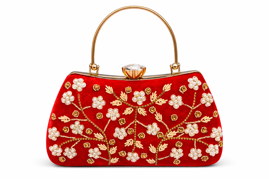 Red Velvet Evening Handbag for Women | Luxury Embroidered Clutch with Pearl & Crystal Design |