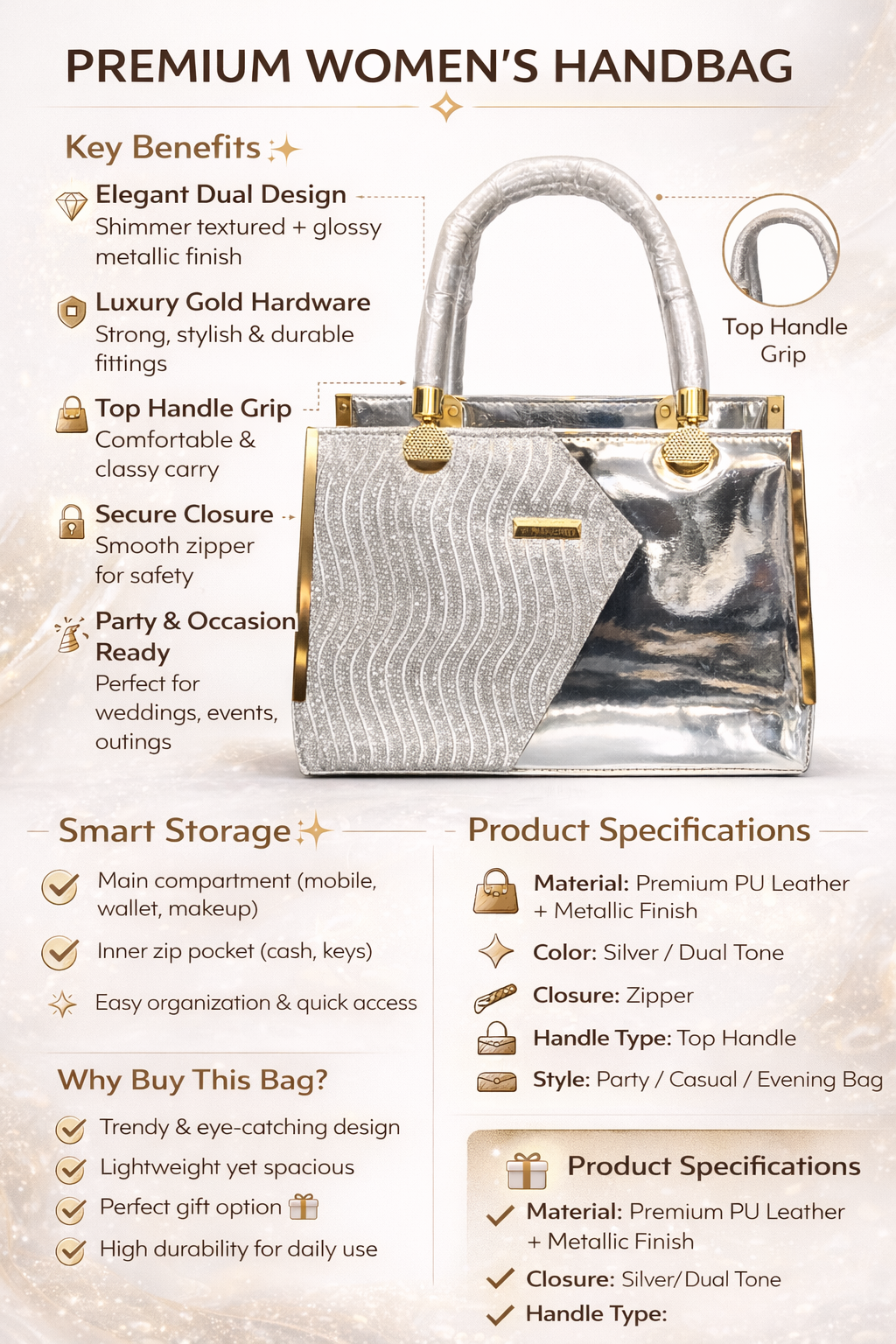 Premium Silver Dual Tone Handbag for Women | Metallic PU Leather Top Handle Purse with Gold Hardware
