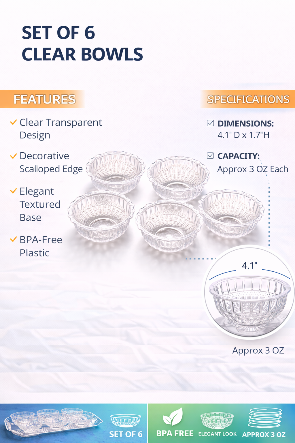 Set of 6 Clear Plastic Bowls – 3 Oz Small Serving Bowls with Decorative Scalloped Edge – BPA-Free Dip, Sauce, Dessert & Snack Bowls for Kitchen & Parties