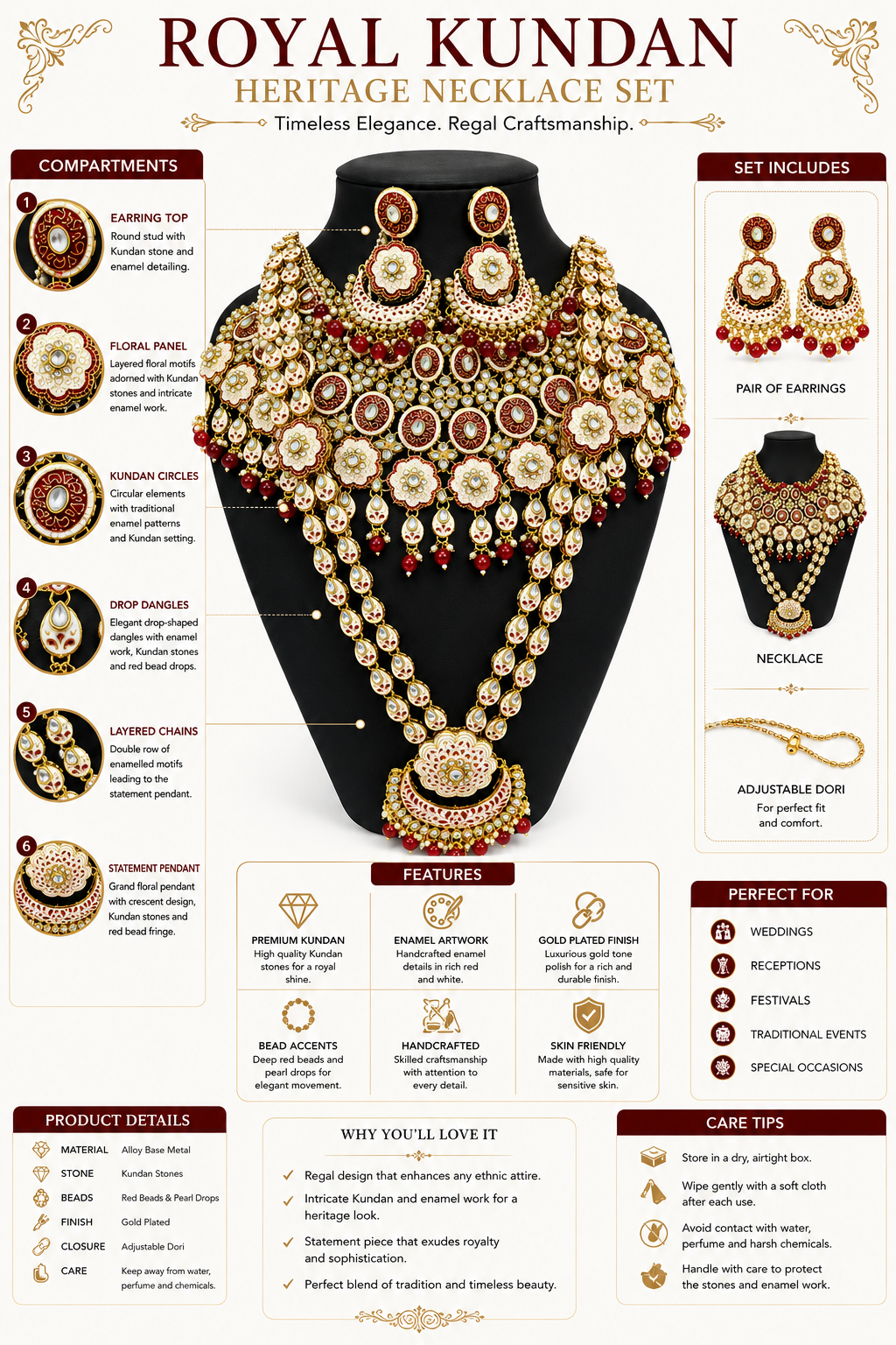 Royal Kundan Heritage Necklace Set for Women | Bridal Kundan Jewelry with Earrings | Traditional Indian Wedding Necklace Set with Pearl & Red Bead Work