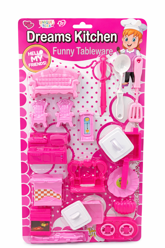 Dreams Kitchen Funny Tableware Play Set for Kids | Pretend Play Cooking & Dining Kit | Includes Toy Stove, Tableware, & Miniature Living Room Furniture