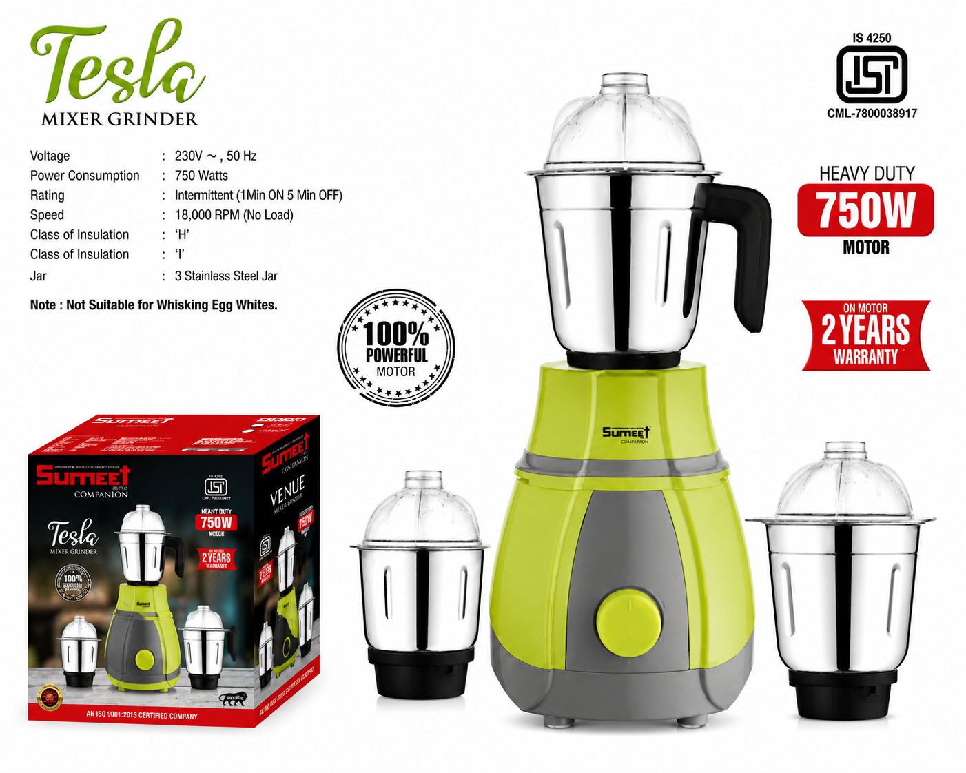 Tesla Mixer Grinder 750 Watts | 3 Stainless Steel Jars | 100% Copper Motor | Heavy Duty Kitchen Mixer Grinder | Grind, Blend & Chutney Maker | 2 Years Motor Warranty