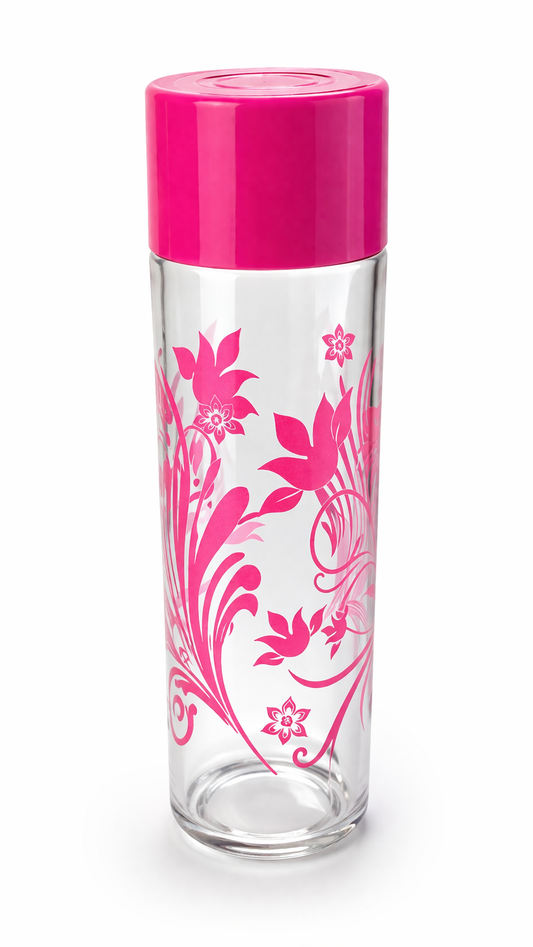 16 Oz Water Bottle with Pink Floral Design – BPA-Free Leak-Proof Plastic Bottle with Screw Cap – Reusable Transparent Drinking Bottle for Gym, Office, School & Travel