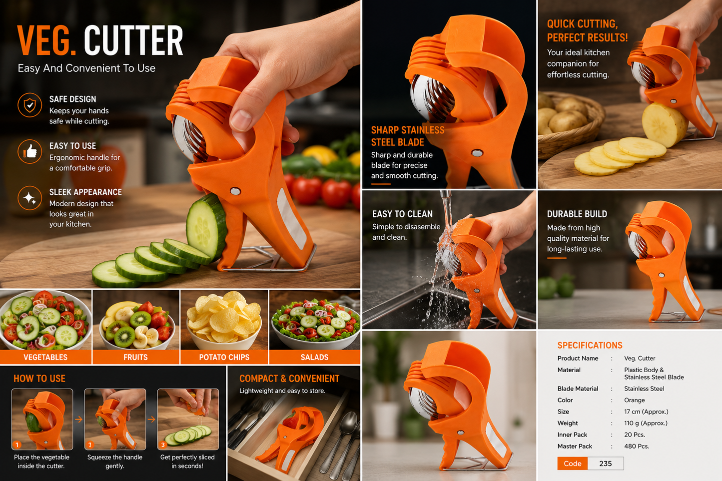 Vegetable Cutter Slicer for Kitchen, Stainless Steel Blade Veg Cutter, Multipurpose Vegetable & Fruit Slicer, Manual Salad Maker, Potato Chips Cutter with Safety Handle, Orange