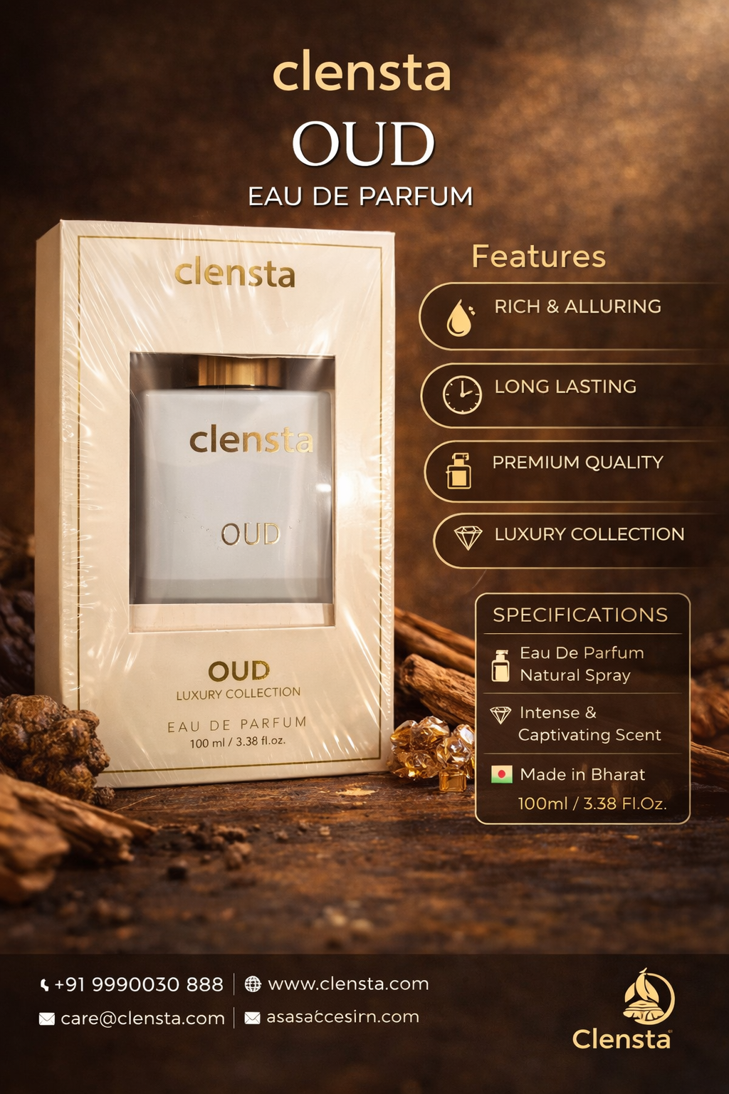 Clensta OUD Eau De Parfum for Men 100ml – Long Lasting Premium Oud Perfume | Rich Woody Musky Fragrance | Luxury Collection Scent