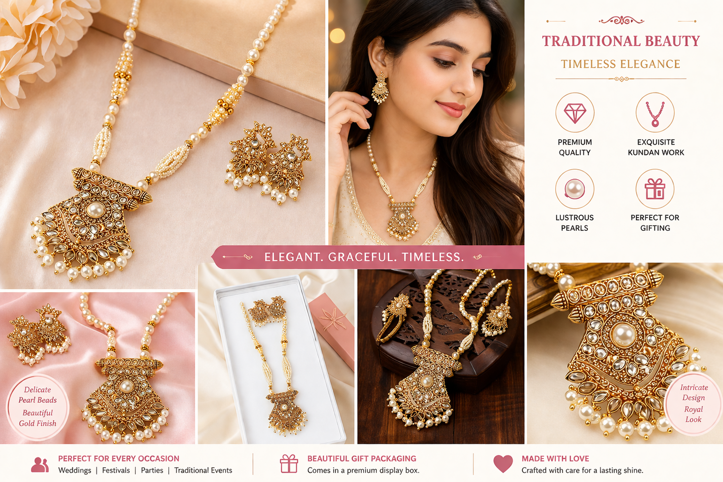 Harmal Store Traditional Pearl Jewelry Set – Elegant Kundan Work Necklace with Pendant and Matching Earrings for Weddings and Festivals