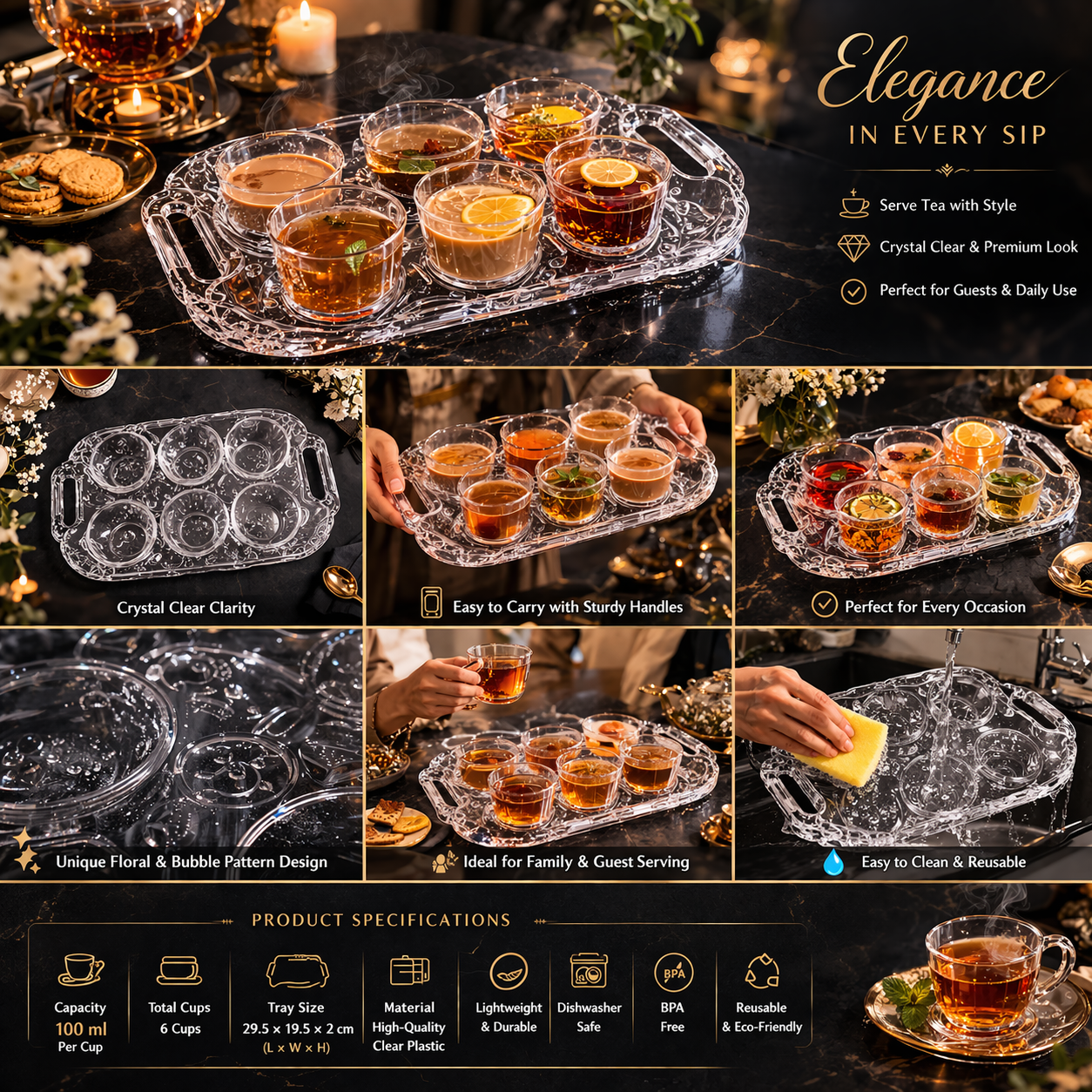 Transparent Premium Tea Serving Set with Handles | Lightweight, Durable & Easy to Clean | Perfect for Guests, Home & Office