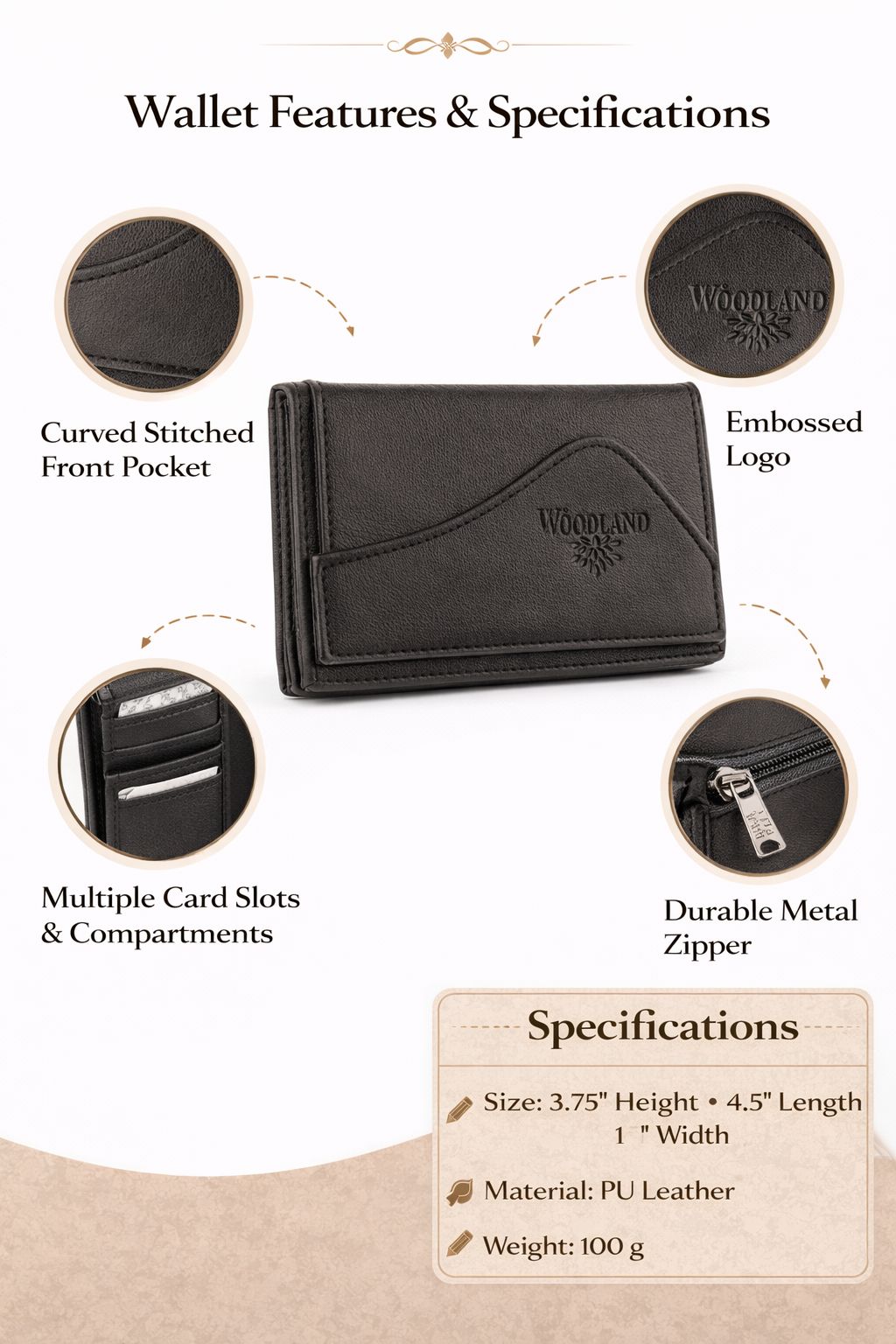 Men's Black PU Leather Wallet with Multiple Card Slots, Zipper Pocket and Embossed Logo