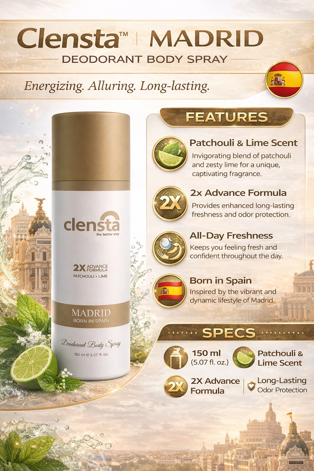Clensta Madrid Deodorant Body Spray 150ml | Patchouli & Lime Fragrance | 2X Advance Formula | Long-Lasting Odor Protection | Premium Deo for Men & Women