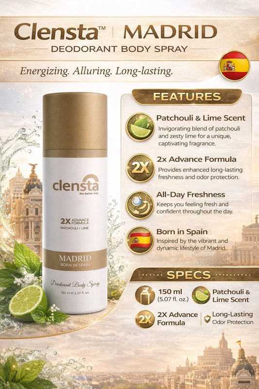 Clensta Madrid Deodorant Body Spray 150ml | Patchouli & Lime Fragrance | 2X Advance Formula | Long-Lasting Odor Protection | Premium Deo for Men & Women