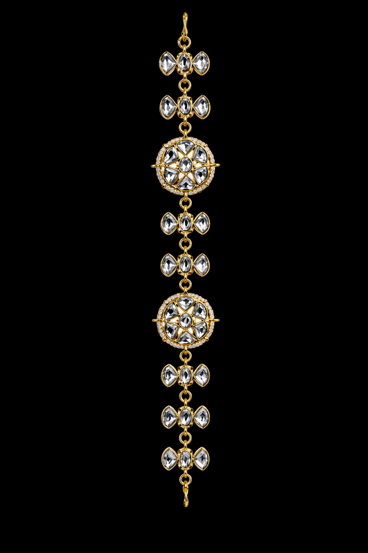 Traditional Kundan Style Hair Jewel Maang Tikka for Women – Gold-Plated Intricate Floral Indian Bridal Hair Accessory, Glass Stones Headpiece for Weddings, Festivals, and Ethnic Events