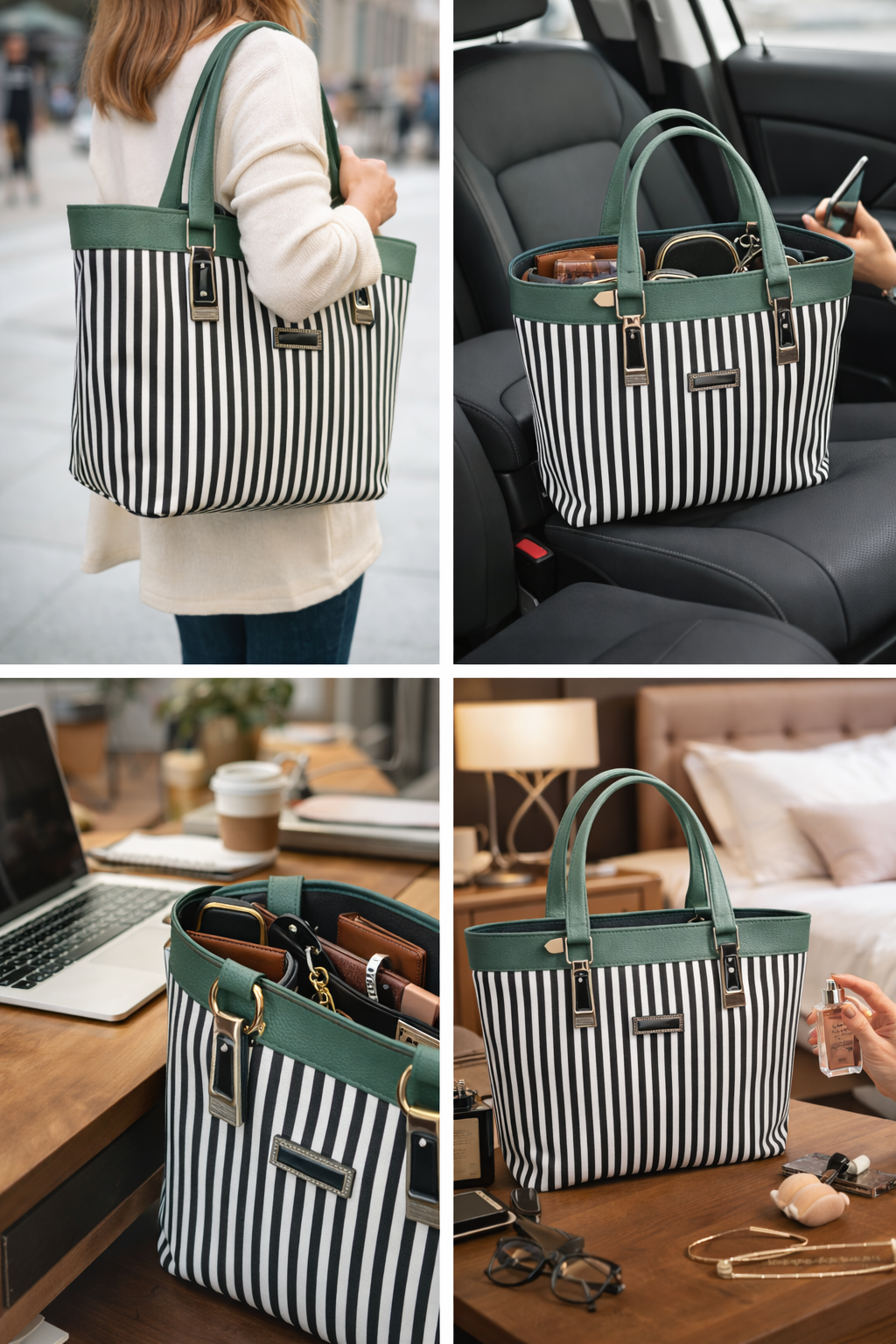 Striped Tote Bag for Women, Faux Leather Shoulder Handbag with Multiple Interior Pockets