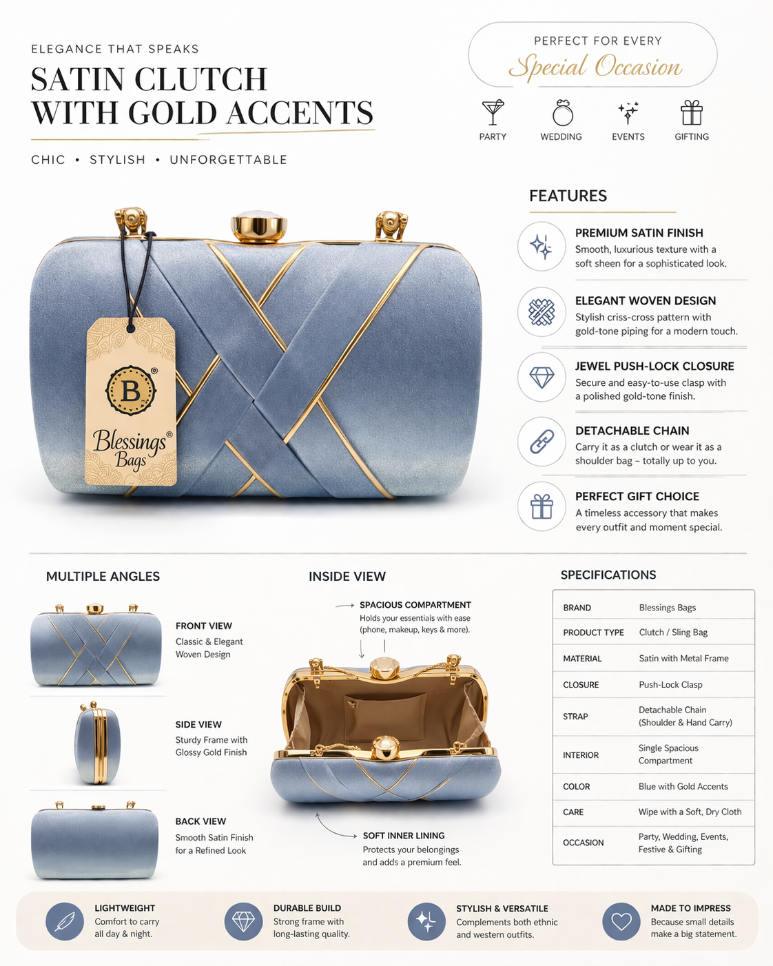 Cylindrical Evening Clutch for Women | Ombre Shimmer Party Handbag with Gold-Tone Chain, Sphere Clasp & Satin Interior