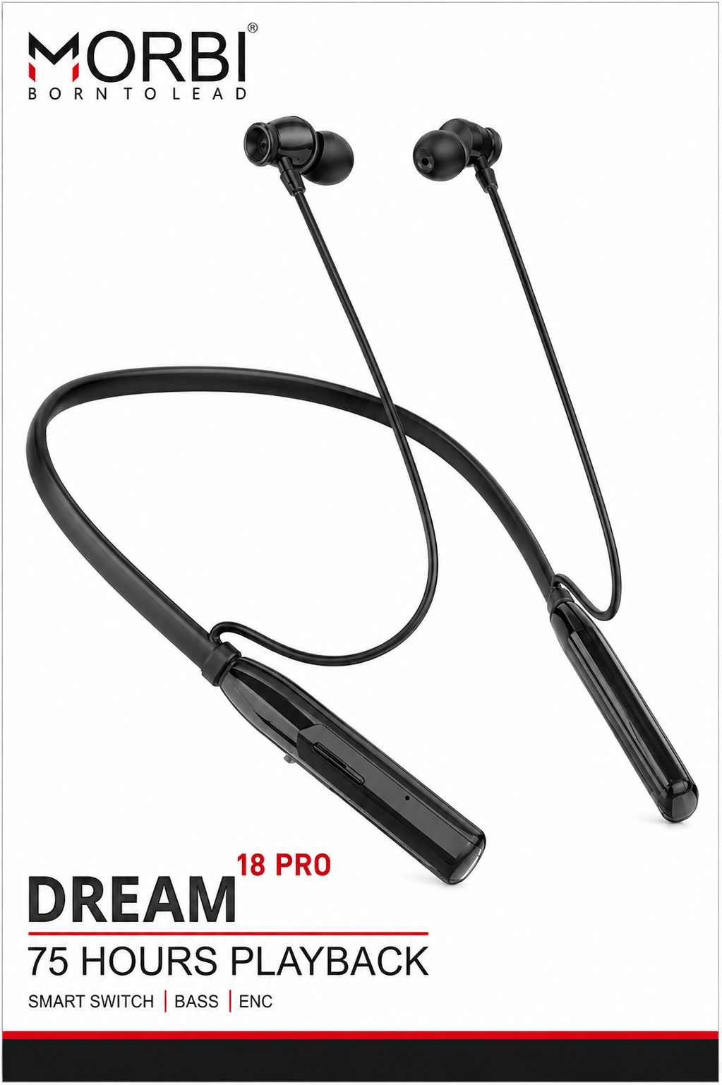 MORBI Dream 18 Pro Wireless Bluetooth Neckband Earphones, 75H Playback, 350mAh Battery, Bluetooth 5.3, ENC, Deep Bass, Magnetic Earbuds, Smart Switch, Type-C Charging, Black