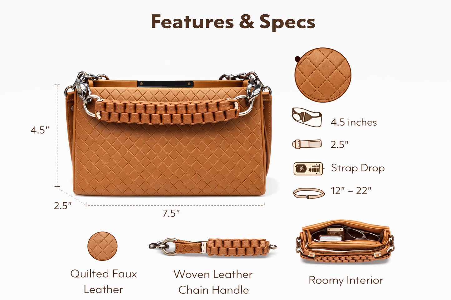 Quilted Faux Leather Handbag for Women | Stylish Woven Chain Handle Purse |