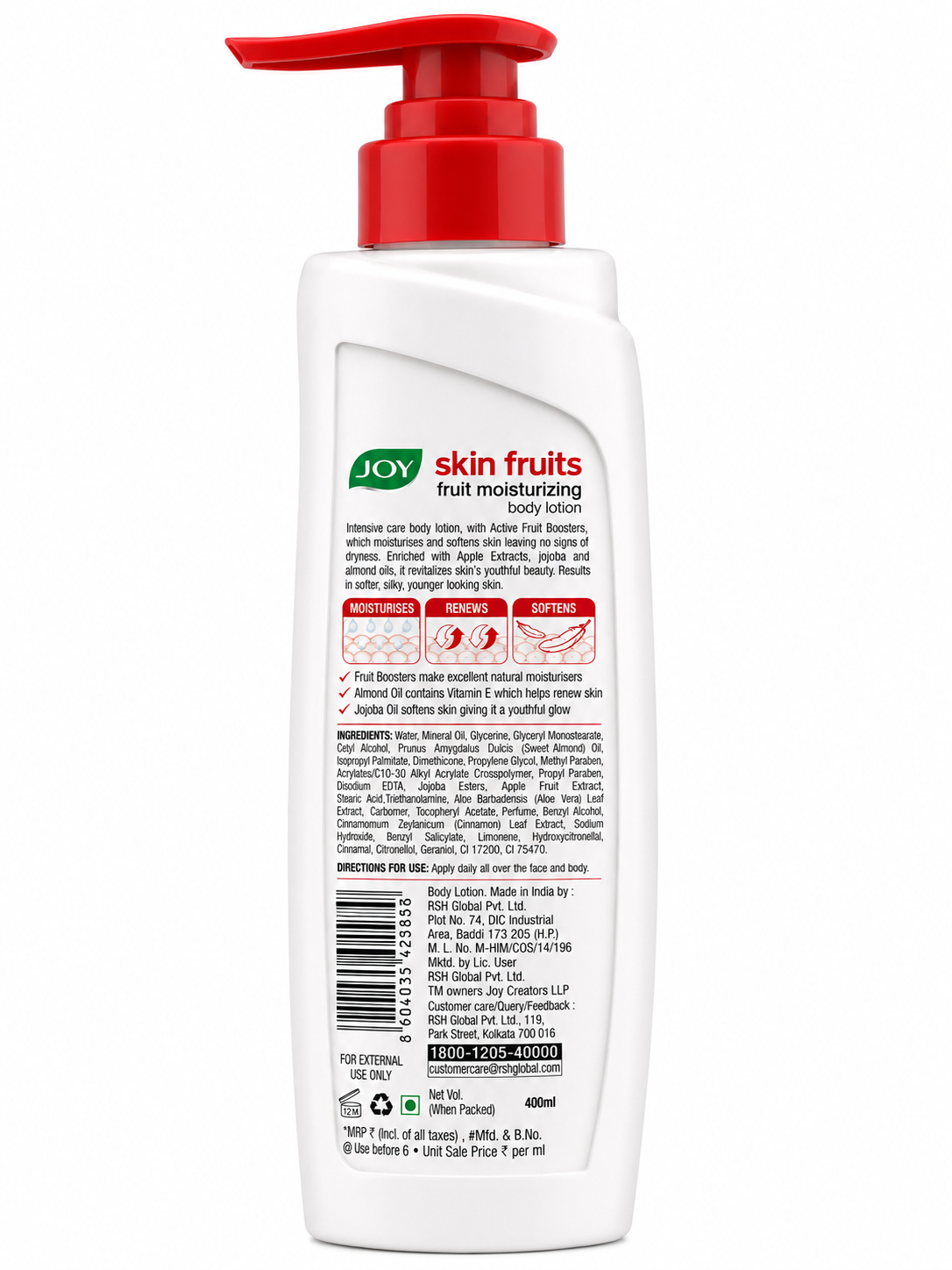 Joy Skin Fruits Fruit Moisturizing Body Lotion with Apple Extracts, Almond Oil, Jojoba Oil & Vitamin E | Deep Nourishment & 24-Hour Moisturization | Lightweight Non-Greasy Formula | 400ml