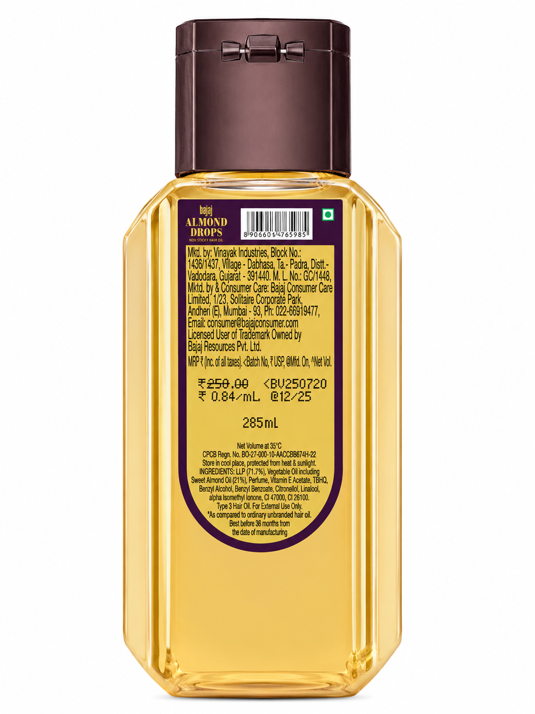 Bajaj Almond Drops Non-Sticky Hair Oil with 6X Vitamin E Nourishment & Almond Oil | Lightweight Non-Greasy Hair Oil for Soft, Smooth & Shiny Hair | Men & Women | 285ml
