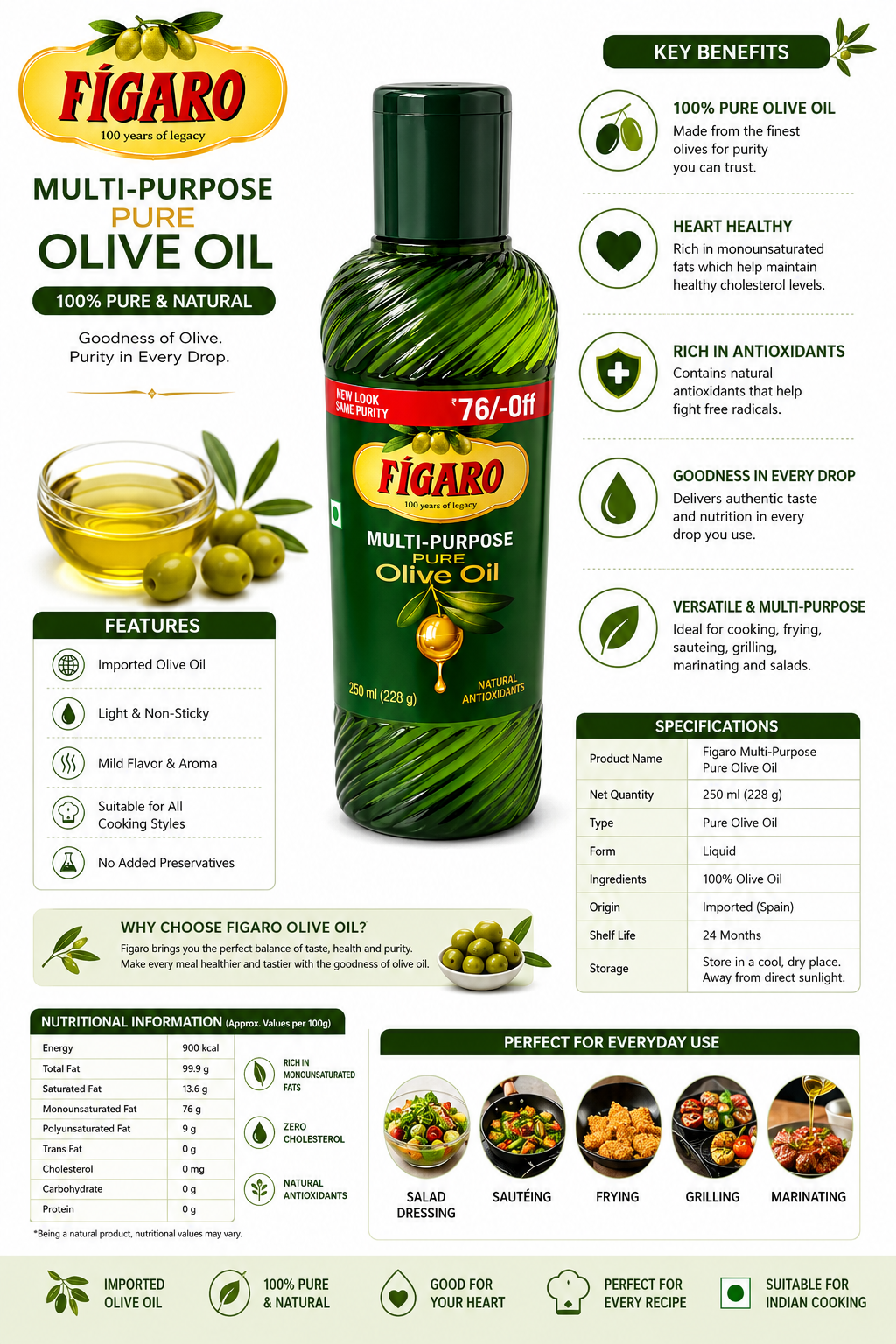 Figaro Multi-Purpose Pure Olive Oil 250ml | 100% Pure & Natural Olive Oil | For Cooking, Sautéing, Frying, Grilling, Salad Dressing & Marinades