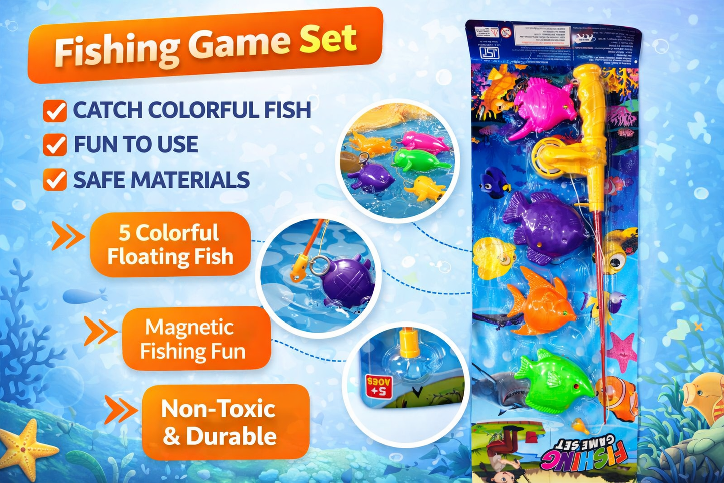 Fishing Game Toy Set for Kids with Magnetic Fishing Rod & 5 Floating Fish, Colorful Water Play Toy, Bath Toy for Boys & Girls (Ages 3+)