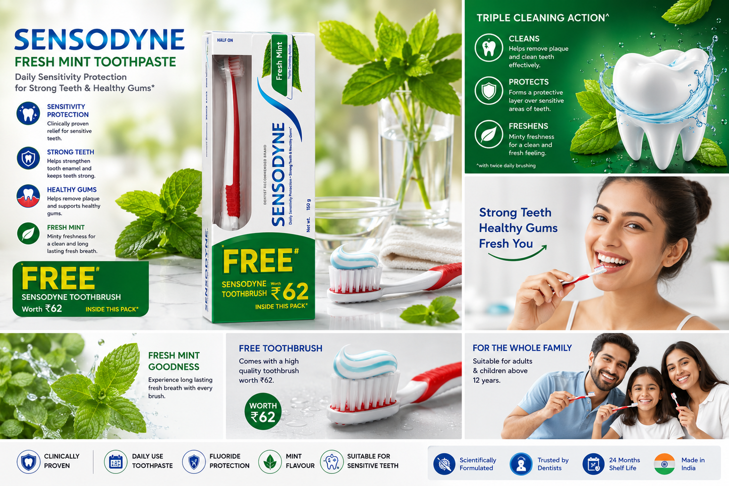 Sensodyne Fresh Mint Toothpaste 150g with Free Toothbrush | Daily Sensitivity Protection | Fresh Mint Flavour | Strong Teeth & Healthy Gums | Fluoride Toothpaste