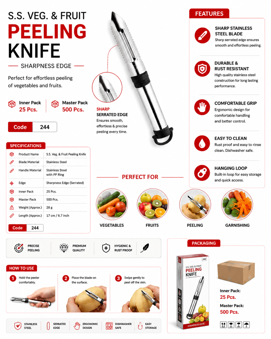 Royal Stainless Steel Vegetable & Fruit Peeling Knife, Serrated Sharp Edge Peeler, Rust Resistant Kitchen Peeler with Ergonomic Grip, Multipurpose Fruit and Vegetable Peeler for Potato, Carrot, Apple & Cucumber