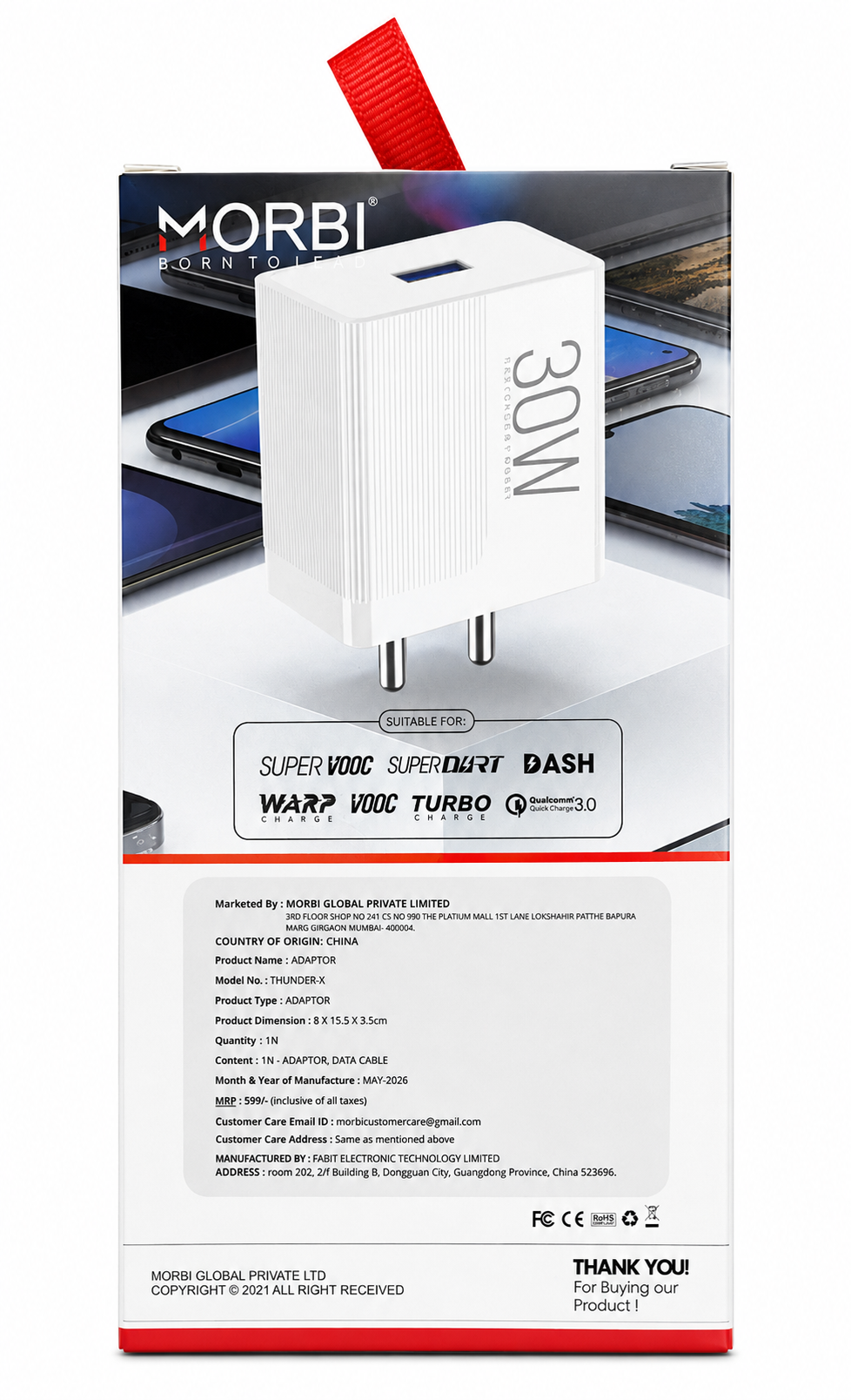 MORBI Thunder-X 30W Fast Travel Charger, USB-A Wall Charger with PD QC VOOC DASH WARP SuperDart & Turbo Charging Support, Intelligent Safety Protection, Compact Portable Charger Adapter for Smartphone, Tablet, Earbuds, Smartwatch & Power Bank