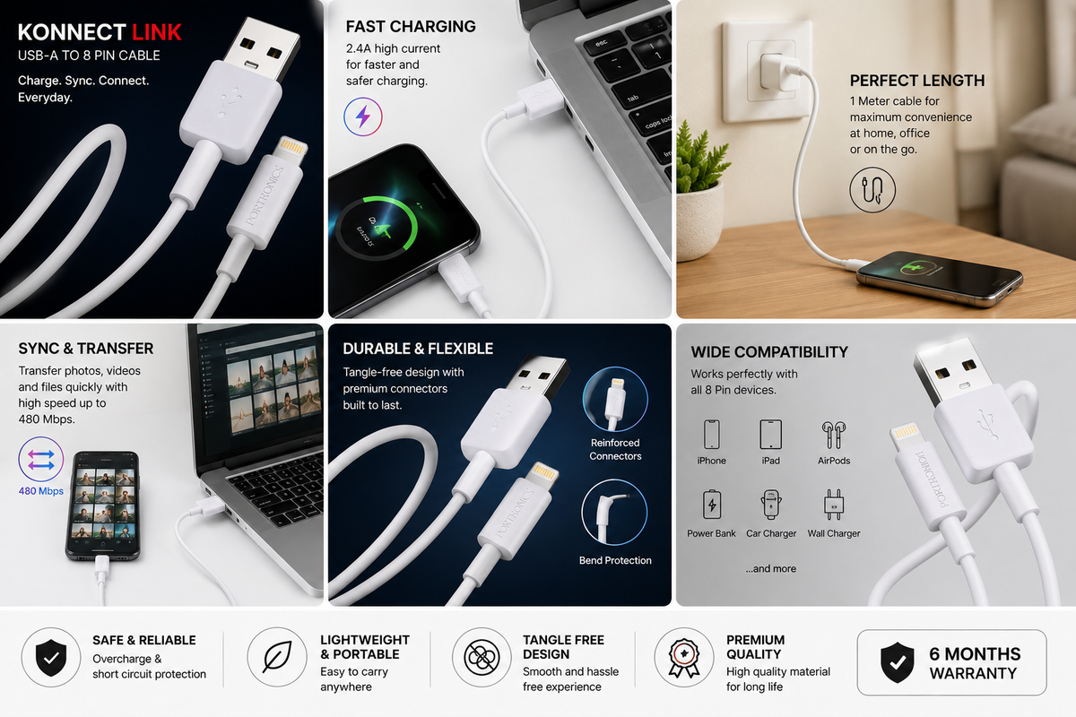 Portronics Konnect Link USB-A to 8 Pin Cable, 1 Meter, 2.4A Fast Charging, 480Mbps High-Speed Data Sync, Tangle-Free Durable Cable for iPhone, iPad, AirPods, Power Bank & Compatible 8-Pin Devices, White