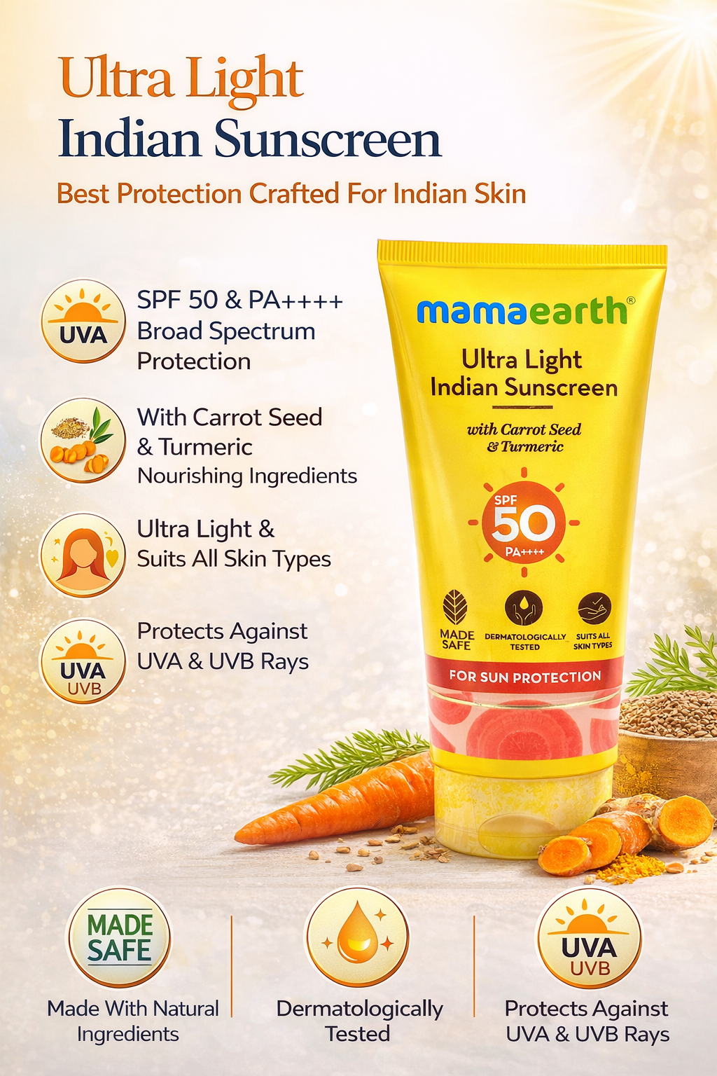 Advanced Sun Protection Sunscreen for Indian Skin, Broad Spectrum UVA/UVB Protection, Anti-Tan Daily Sunscreen for All Skin Types