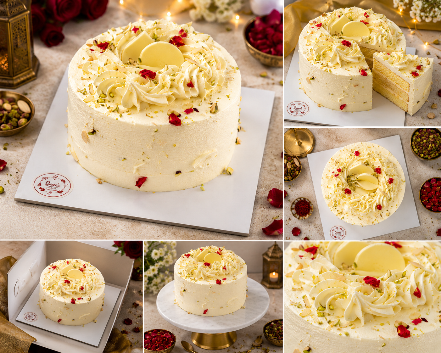 Queen's White Forest Cake (500 grams) | Premium Fresh Cream Cake with White Chocolate, Pistachio & Rose Petals | Birthday, Anniversary & Celebration Cake