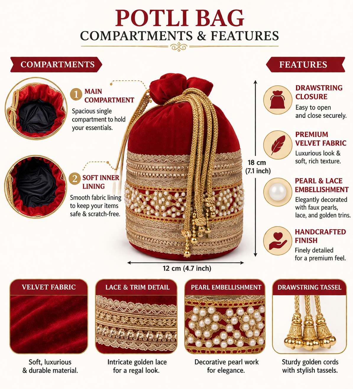 Red Velvet Potli Bag for Women, Embroidered Drawstring Ethnic Clutch Purse with Pearl and Gold Beadwork