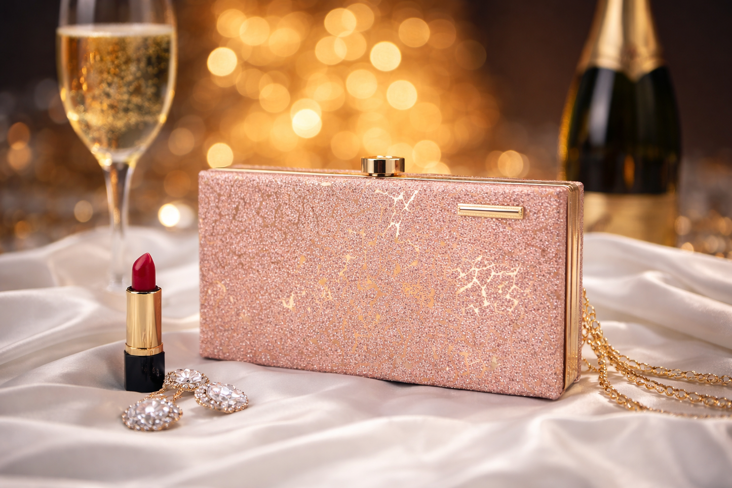 Rose Gold Glitter Evening Clutch for Women, Sparkly Box Clutch Purse with Gold-tone Clasp