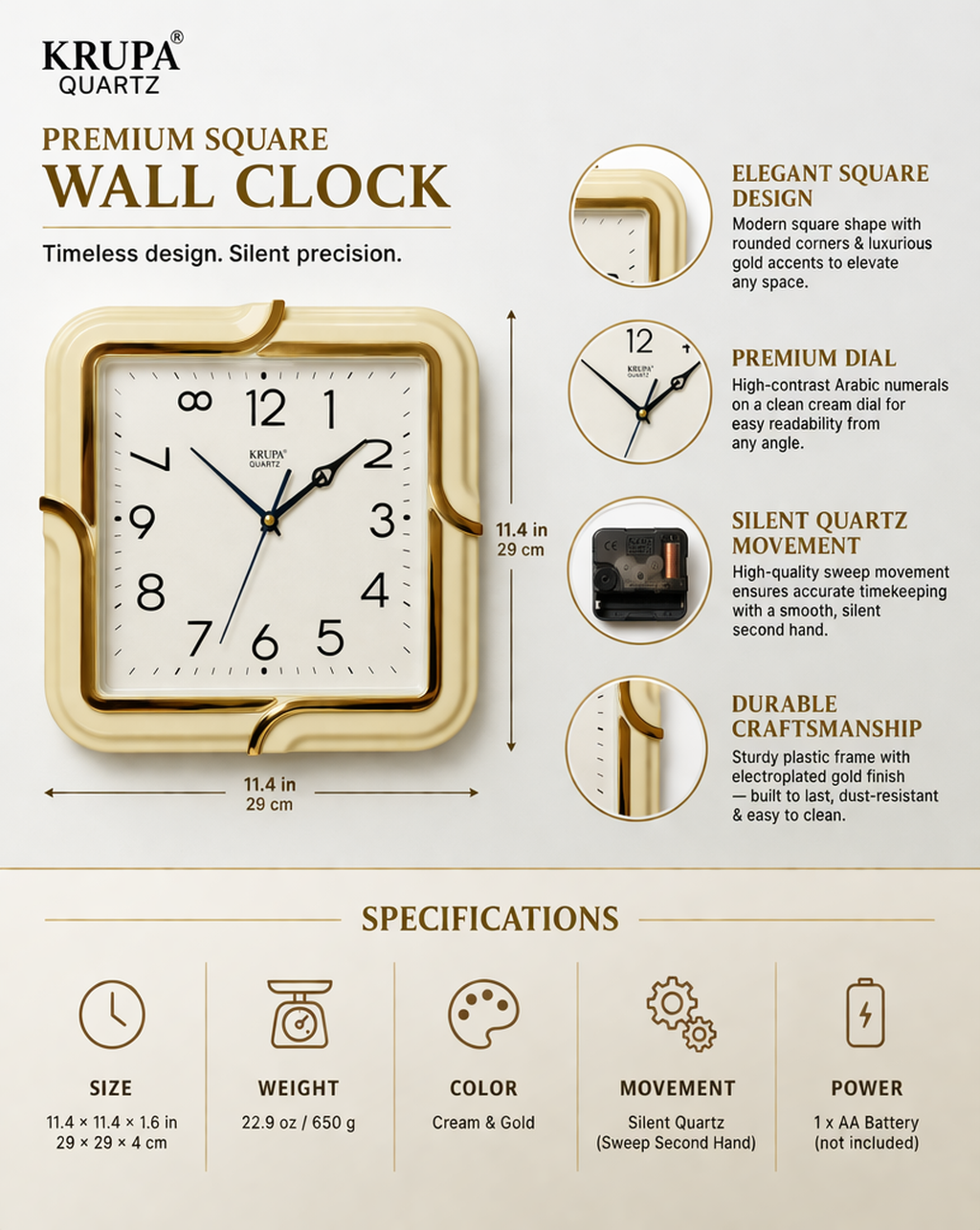 KRUPA Quartz Wall Clock 11 Inch (28 cm) | Silent Sweep, No Ticking