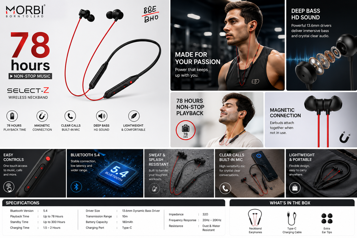 MORBI SELECT-Z Wireless Bluetooth Neckband Earphones with Mic, 78 Hours Playback, Bluetooth 5.4, Magnetic Earbuds, Deep Bass, HD Mic, Type-C Fast Charging, Sweat & Splash Resistant, Lightweight Neckband, Black & Red