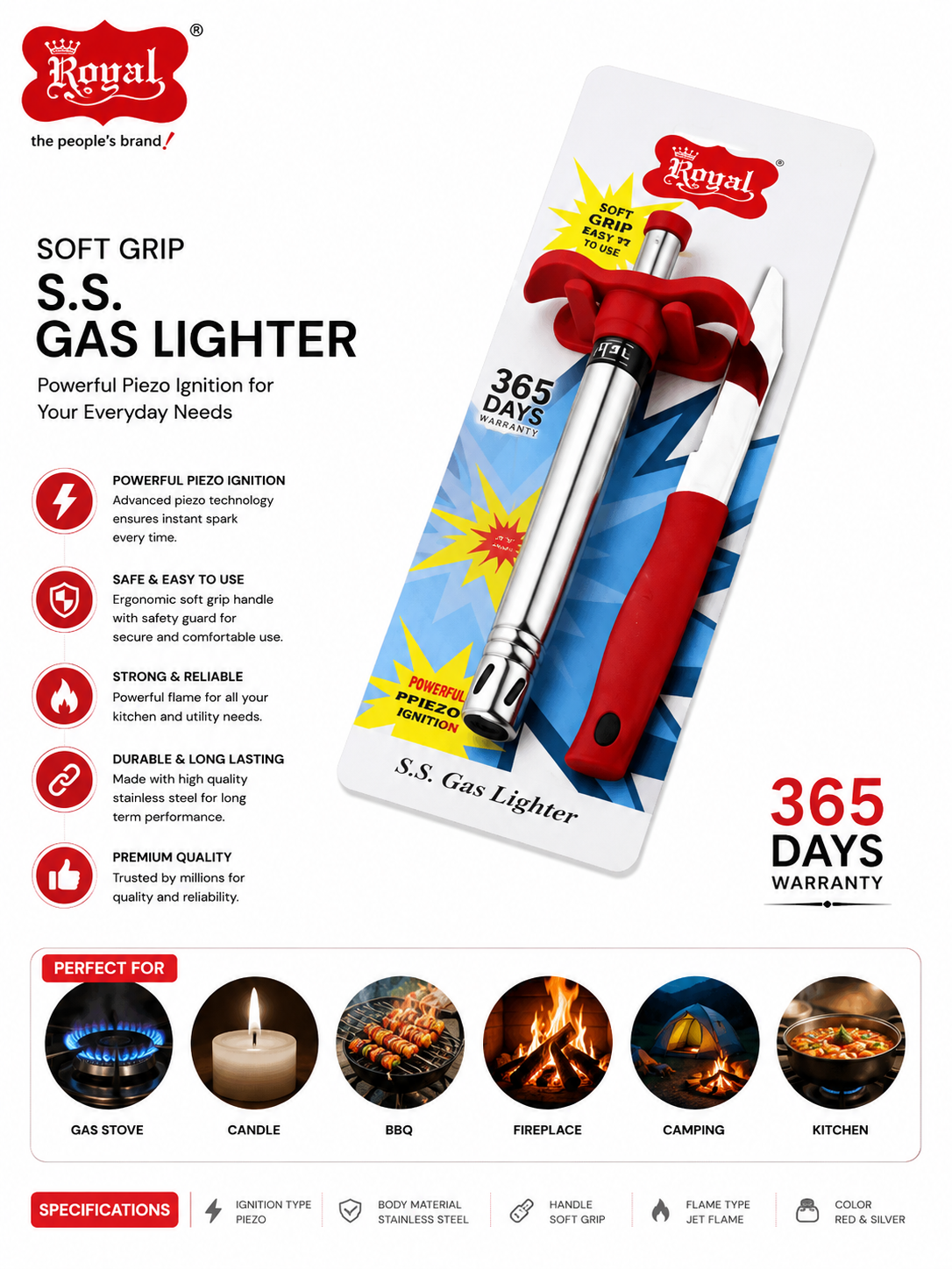 Royal Soft Grip S.S. Gas Lighter, Stainless Steel Piezo Kitchen Gas Lighter with Jet Flame, Refillable Manual Gas Stove Lighter with Safety Guard for Kitchen, BBQ, Candle & Camping, Red & Silver