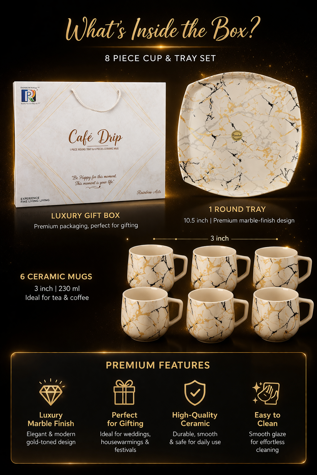 Premium Marble Finish Tea Cup Set with Tray (7 Pieces) – 6 Ceramic Coffee Mugs (230 ml) + 10.5 Inch Serving Tray