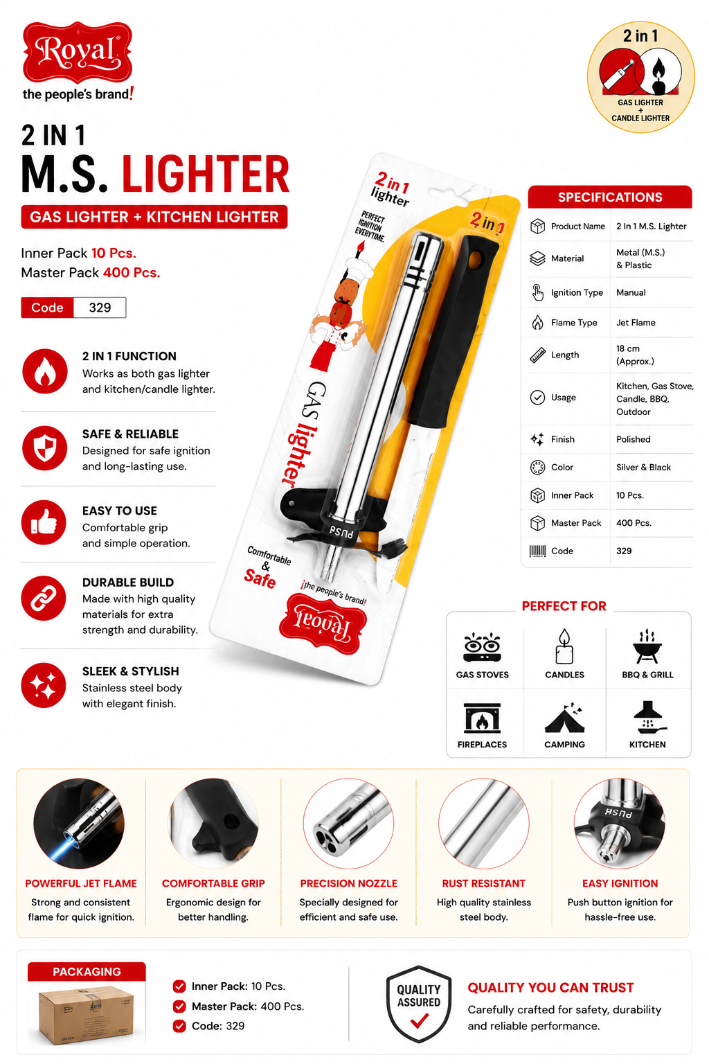 Royal 2 in 1 Gas Lighter for Kitchen, Stainless Steel Manual Gas Stove Lighter & Candle Lighter, Jet Flame Ignition, Long Handle Safety Lighter for Gas Stove, BBQ, Candle & Camping