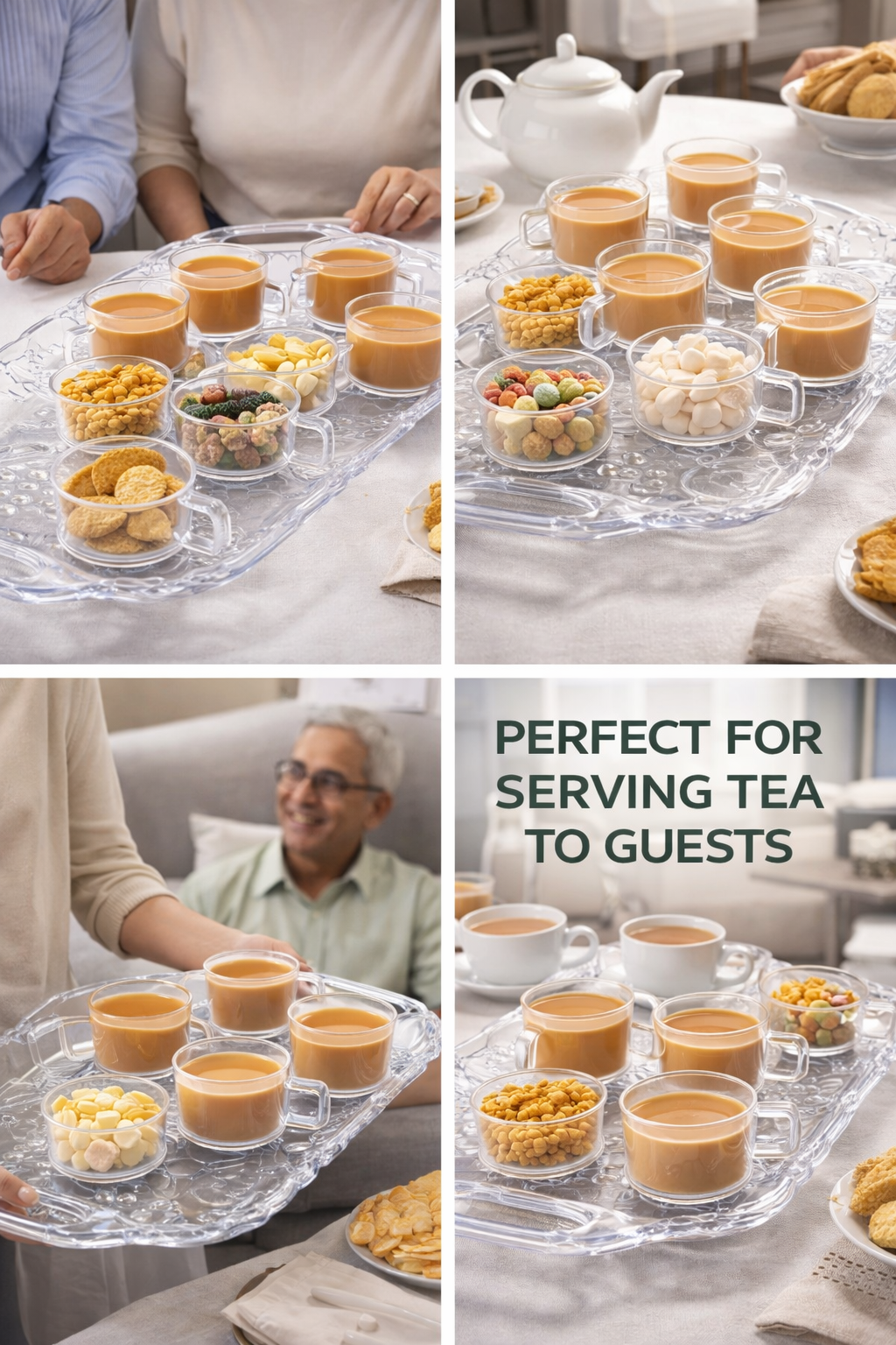 Plastic Serving Tray Set with 6 Tea Cups (100ml Each) | Transparent Durable Tray with Handles | Lightweight & Easy to Clean | Tea & Snacks Serving Set for Home, Office & Guests
