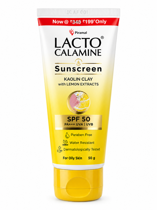 Lacto Calamine Sunscreen SPF 50 PA+++ for Oily Skin, Kaolin Clay & Lemon Extracts, UVA & UVB Protection, Oil Control Matte Finish, Water Resistant, Paraben Free, 50g