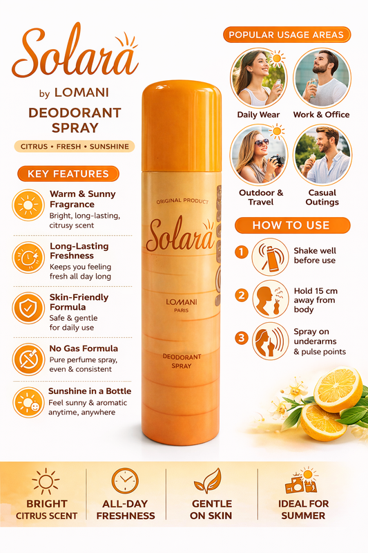 Solara Deodorant Spray for Women by Lomani, Long Lasting Citrus Fresh Fragrance, No Gas Formula, Skin Friendly Daily Use Body Spray – 200 ml