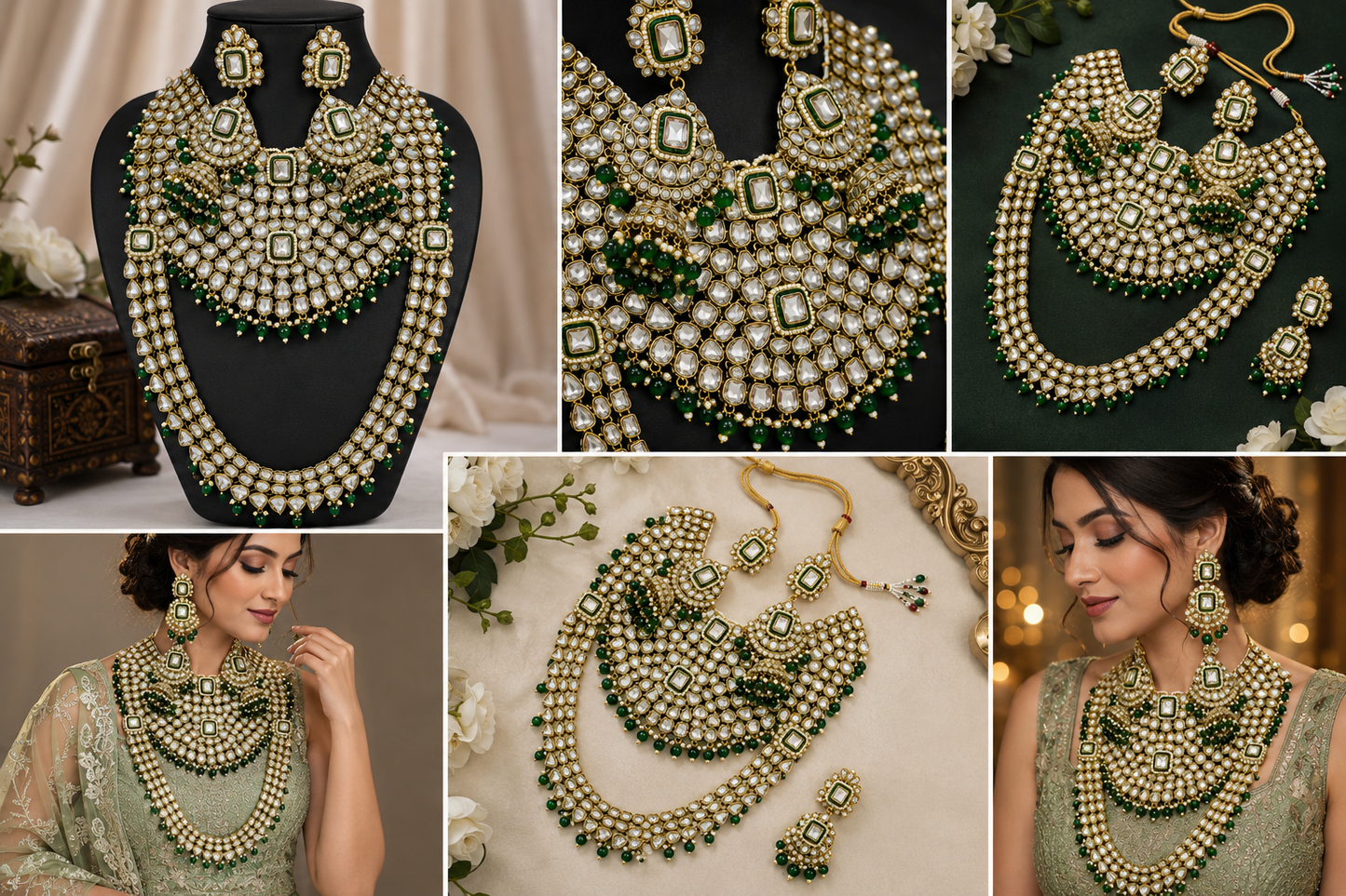 Kundan & Emerald Heritage Necklace Set for Women | Bridal Kundan Jewelry with Earrings | Traditional Indian Wedding Necklace Set with Green Beads