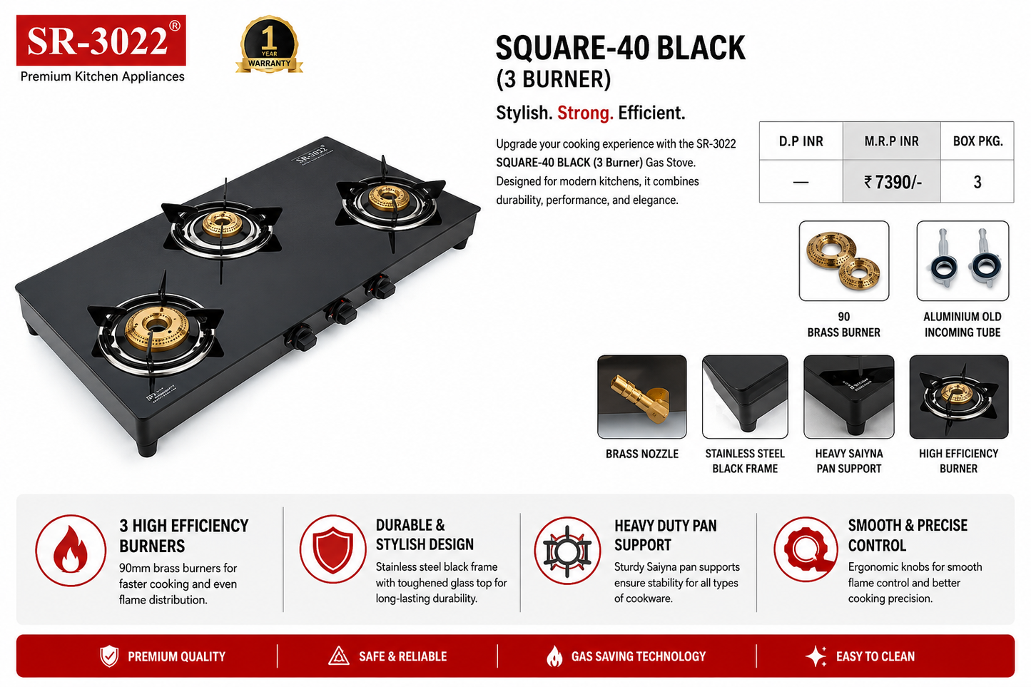 SR-3022 Square-40 Black 3 Burner Gas Stove | Toughened Glass Top | 90mm Brass Burners | Heavy Duty Pan Support | Manual Ignition LPG Gas Stove | Black