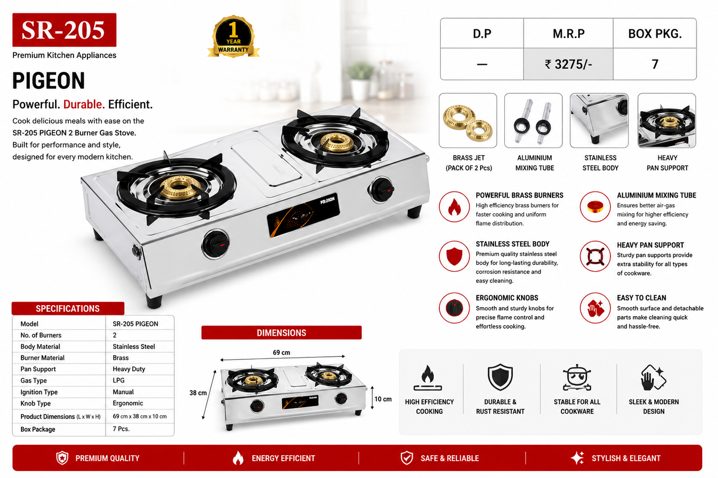 SR-205 Pigeon 2 Burner Stainless Steel Gas Stove | Manual Ignition LPG Gas Cooktop | Heavy Duty Brass Burners | Stainless Steel Body | Ergonomic Knobs | Silver