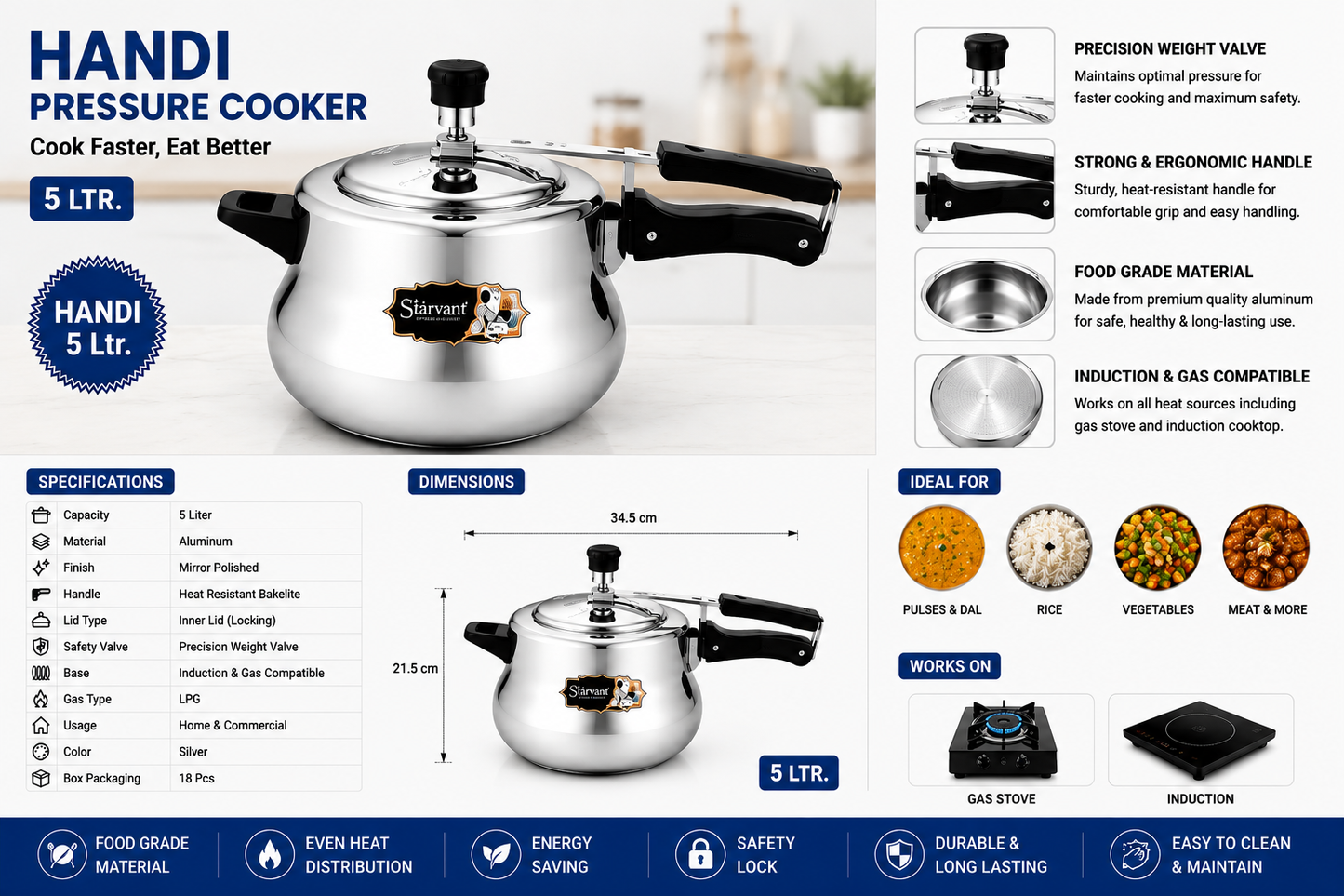 Starvant Handi Pressure Cooker 5 Litre | Aluminium Inner Lid Pressure Cooker | Induction & Gas Compatible | Mirror Finish | Precision Weight Valve | Silver