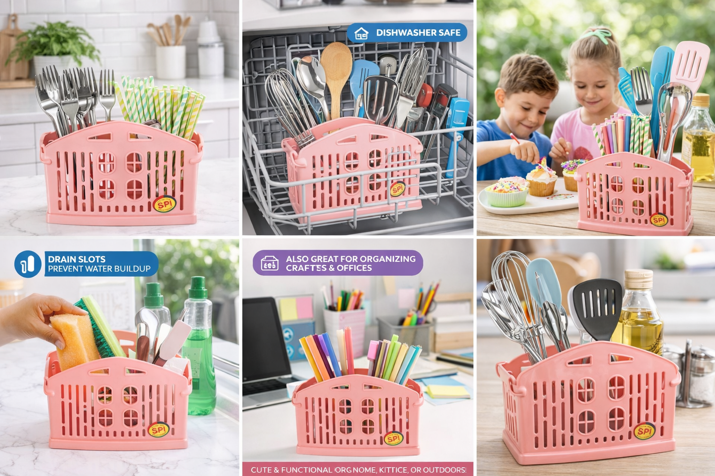 Pink Plastic Cutlery Holder with Drain Slots – 2 Compartment Utensil Organizer for Kitchen