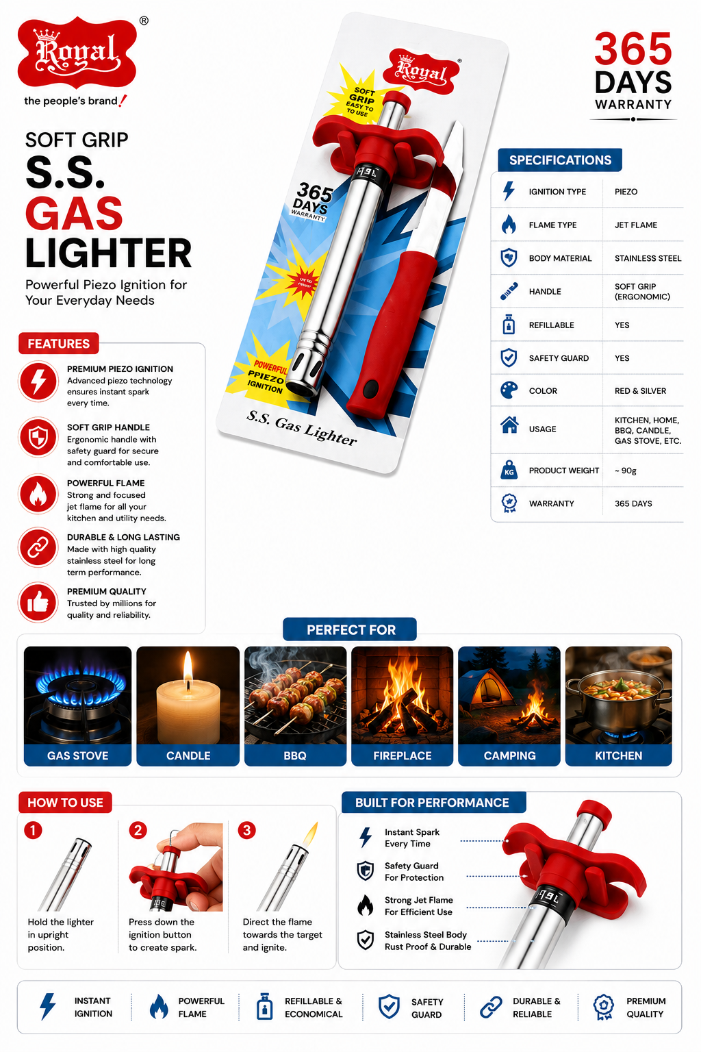 Royal Soft Grip S.S. Gas Lighter, Stainless Steel Piezo Kitchen Gas Lighter with Jet Flame, Refillable Manual Gas Stove Lighter with Safety Guard for Kitchen, BBQ, Candle & Camping, Red & Silver