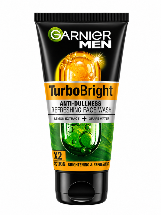 Garnier Men TurboBright Anti-Dullness Refreshing Face Wash with Lemon Extract & Grape Water, Deep Cleansing & Brightening Face Cleanser for Men, Paraben Free, 50g