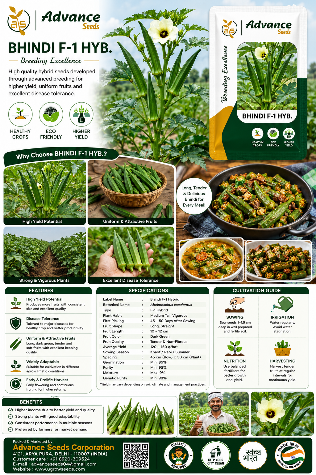 Advance Seeds Bhindi F1 Hybrid Seeds | High Yield Hybrid Okra Seeds | Abelmoschus esculentus Vegetable Seeds | Disease Tolerant | Suitable for Kharif, Rabi & Summer Cultivation