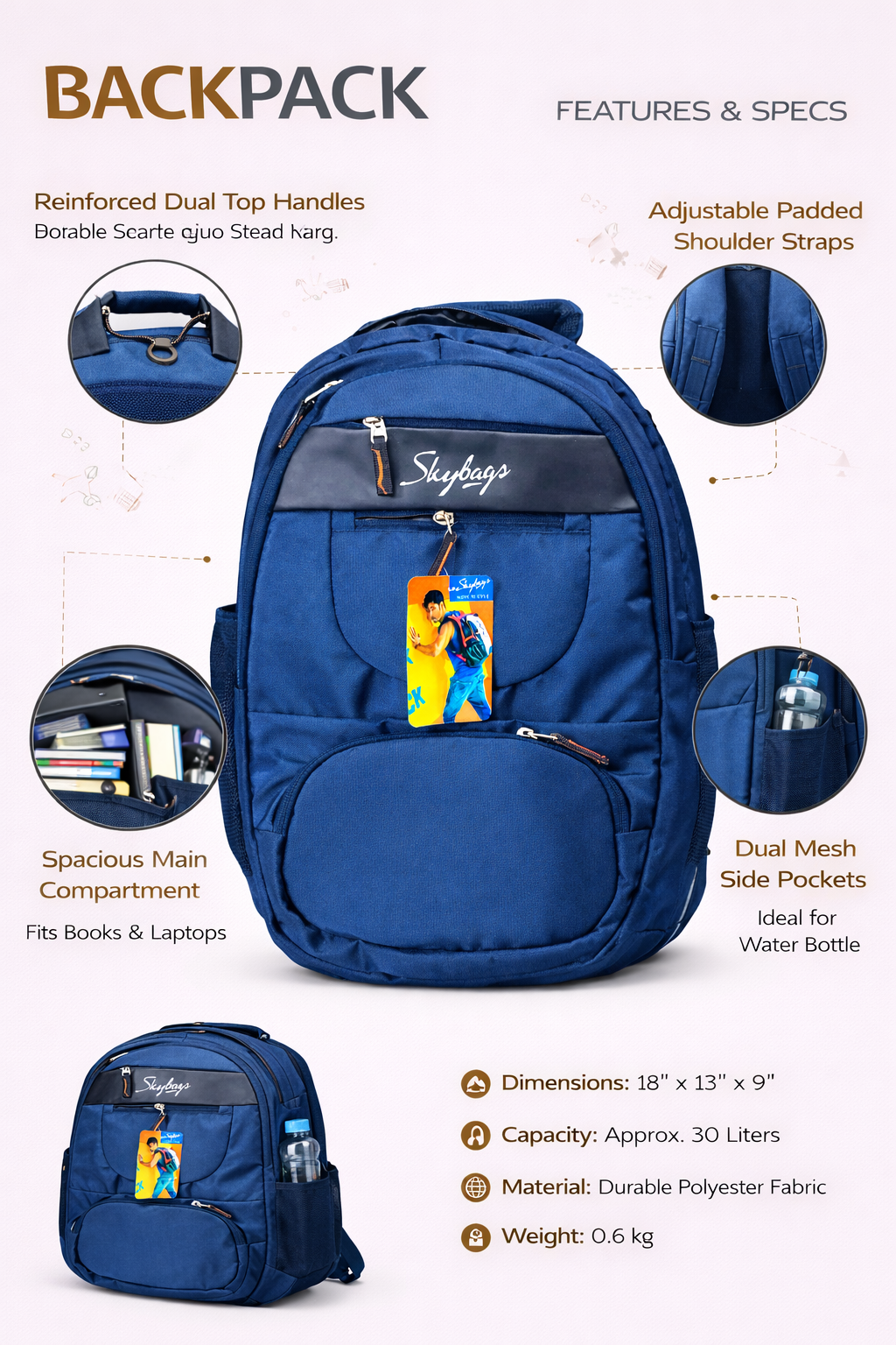 Skybags School Backpack for Boys & Girls, 30L Polyester Laptop Backpack with Multiple Compartments, Adjustable Padded Straps, Dual Mesh Side Pockets, 18 x 13 x 9 Inch